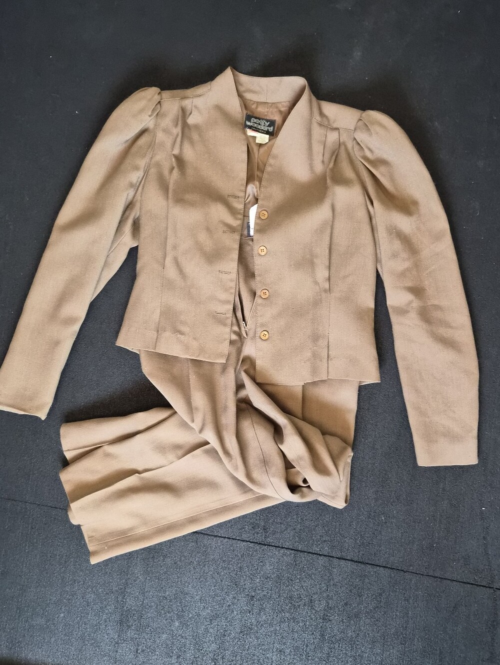 Vintage 70s 80s Patty Woodard Pant Suit Brown Puff Sleeve Petite